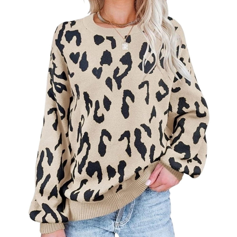 Merokeety | Women's Animal Print Balloon Sleeve Crewneck Sweater (Size Small)